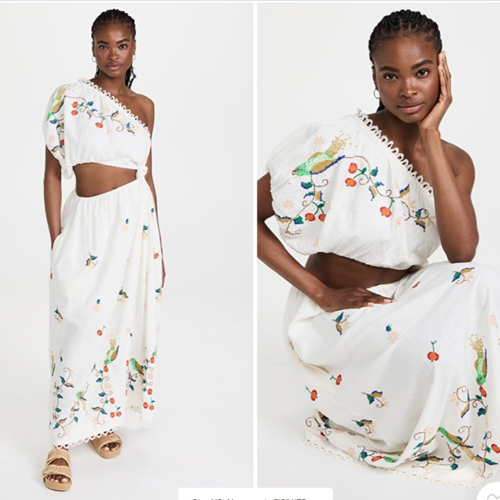 Anthropologie x Farm Rio Pitanga Embroidery One-Shoulder Cut-Out Maxi Dress